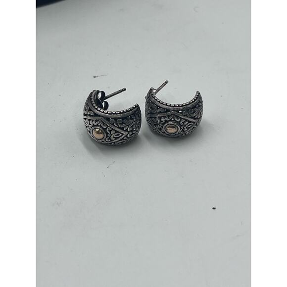 NF Signed 925 Bali Crafted Floral Half Hoop Pierced Earrings Gold Accent - Picture 4 of 10